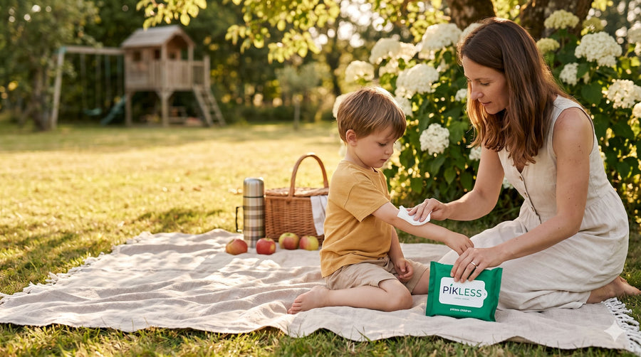 Maman appliquant une lingette Pikless® sur son enfant en extérieur